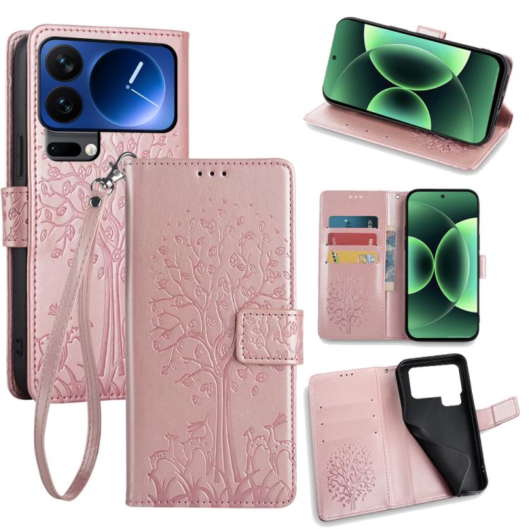 

For Xiaomi 17 Pro Tree & Deer Embossed Leather Phone Case(Rose Gold)