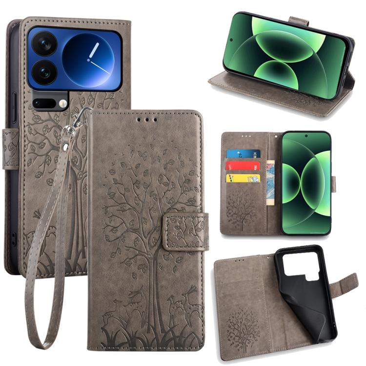 

For Xiaomi 17 Pro Max Tree & Deer Embossed Leather Phone Case(Grey)