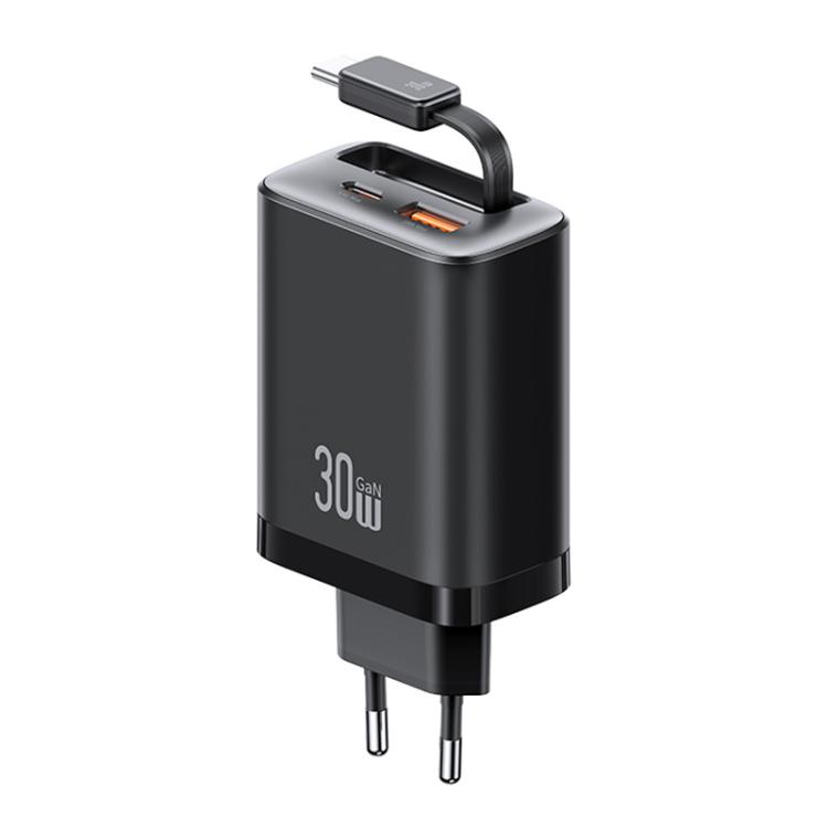 

USAMS CC296 30W Fast Charger With Retractable USB-C / Type-C Cable, EU Plug(Black)