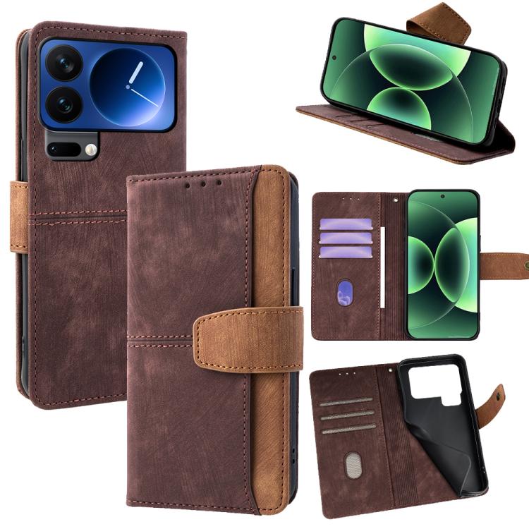 

For Xiaomi 17 Pro Max Color Stitching Skin Feel Leather RFID Blocking Phone Case(Brown)