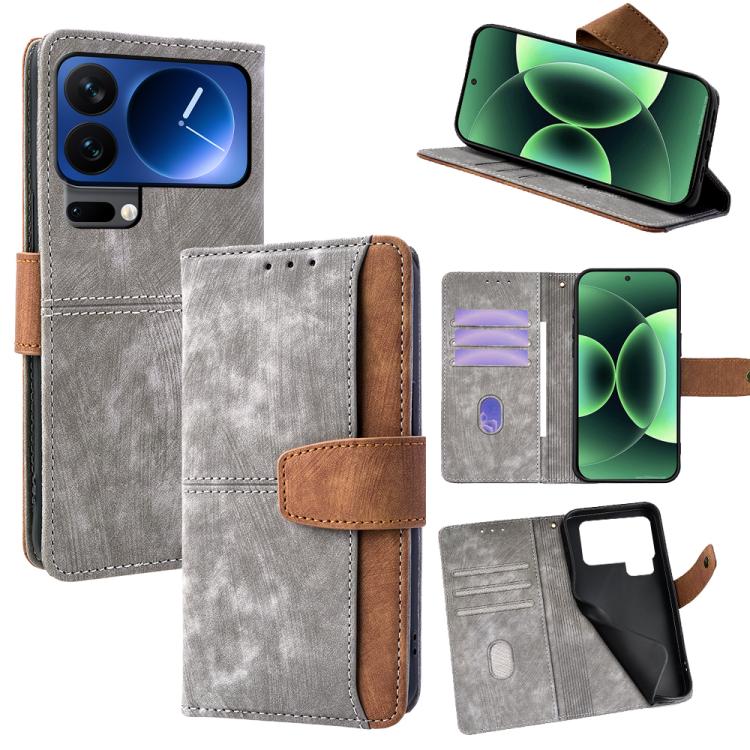 

For Xiaomi 17 Pro Max Color Stitching Skin Feel Leather RFID Blocking Phone Case(Grey)