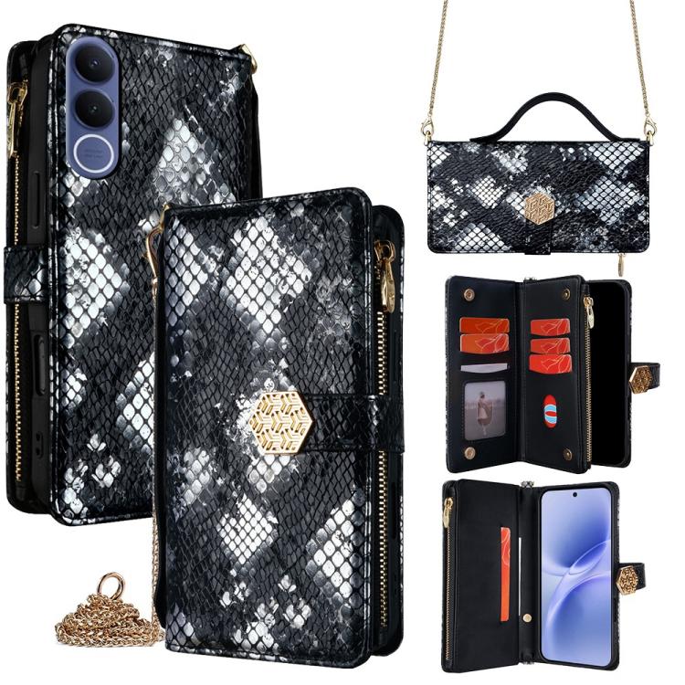 

For vivo V70 FE 5G Crossbody Handle Snake Texture Leather Phone Case(Black)