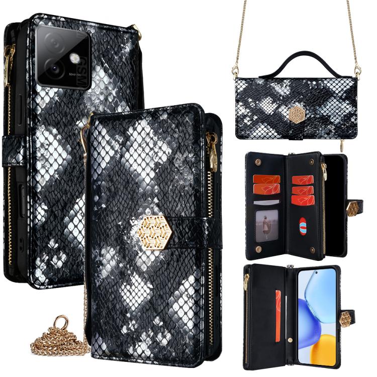 

For Honor X60 GT 5G Crossbody Handle Snake Texture Leather Phone Case(Black)