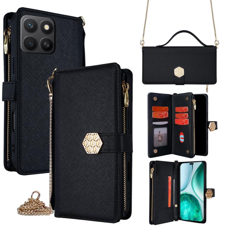 

For Honor X8c 4G Crossbody Handle Cross Texture Leather Phone Case(Black)