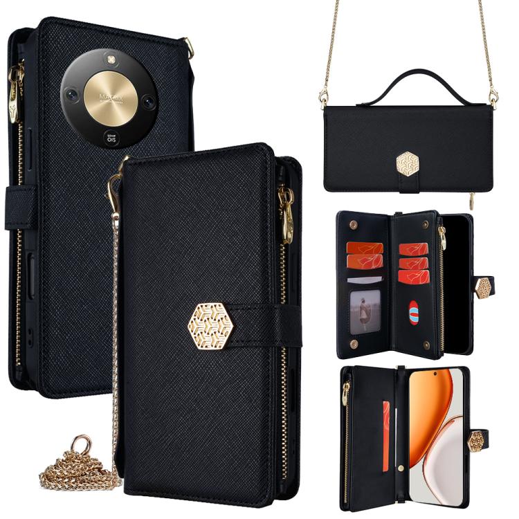 

For Honor X70 5G Crossbody Handle Cross Texture Leather Phone Case(Black)