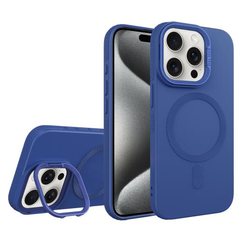 

For iPhone 15 Pro Diamond Texture Lens Holder Skin Feel MagSafe Phone Case(Royal Blue)