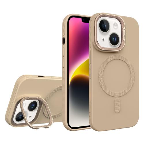 

For iPhone 14 Diamond Texture Lens Holder Skin Feel MagSafe Phone Case(Desert Gold)