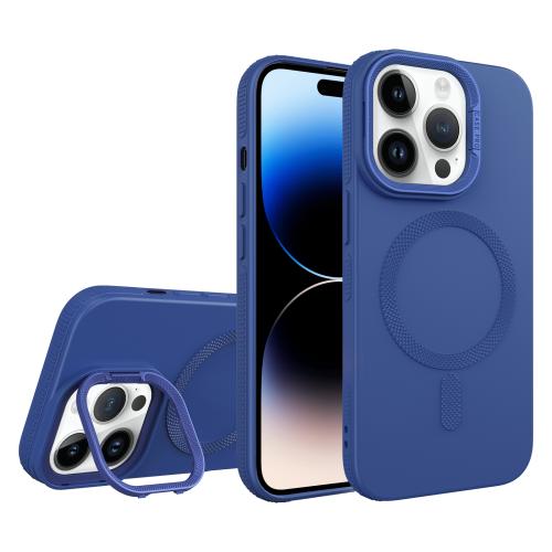 

For iPhone 14 Pro Max Diamond Texture Lens Holder Skin Feel MagSafe Phone Case(Royal Blue)