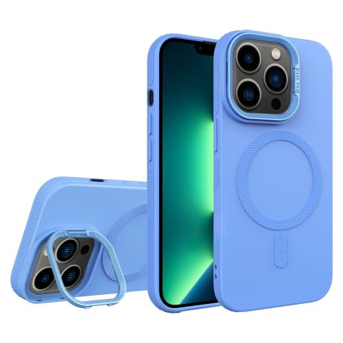 

For iPhone 13 Pro Max Diamond Texture Lens Holder Skin Feel MagSafe Phone Case(Sierra Blue)