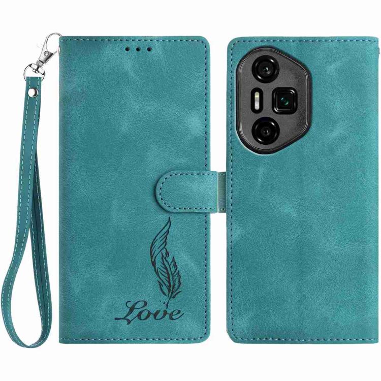 

For Honor 300 Ultra Skin Feel Embossed Feather Leather Phone Case(Green)