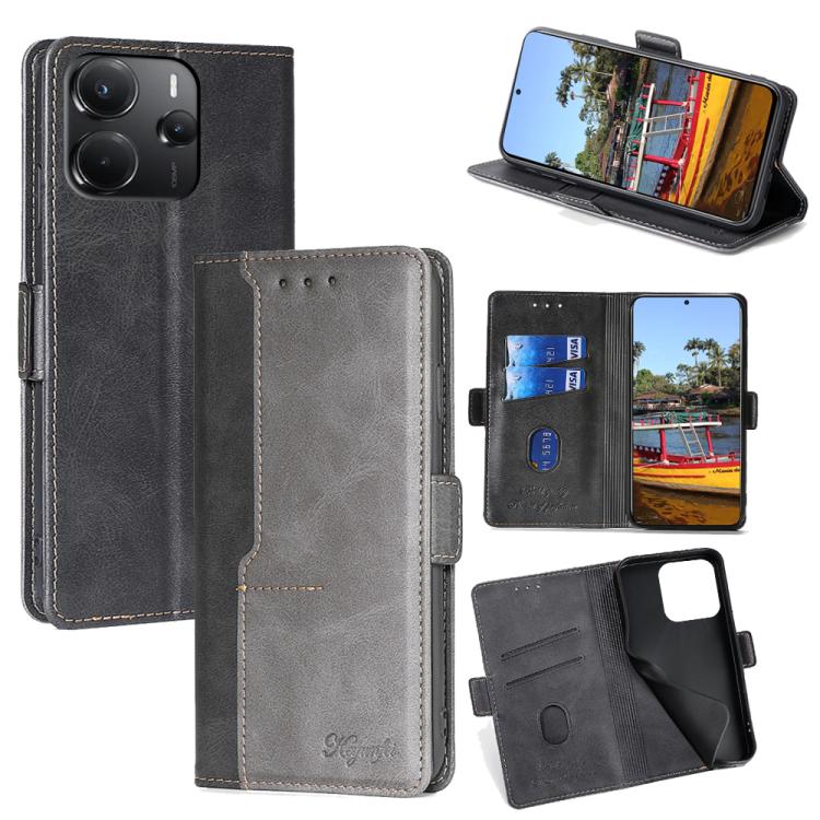 

For Redmi Note 14 4G 164.84mm Contrast Color Side Buckle Leather Phone Case(Black + Grey)