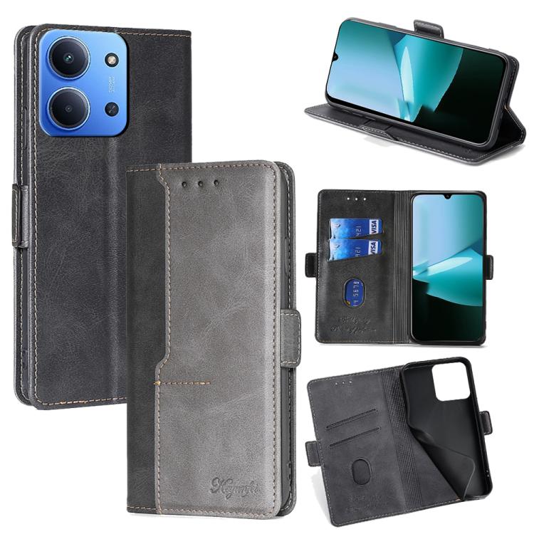 

For Redmi 15C 5G / 4G EU 173mm / Poco C85 5G Contrast Color Side Buckle Leather Phone Case(Black + Grey)