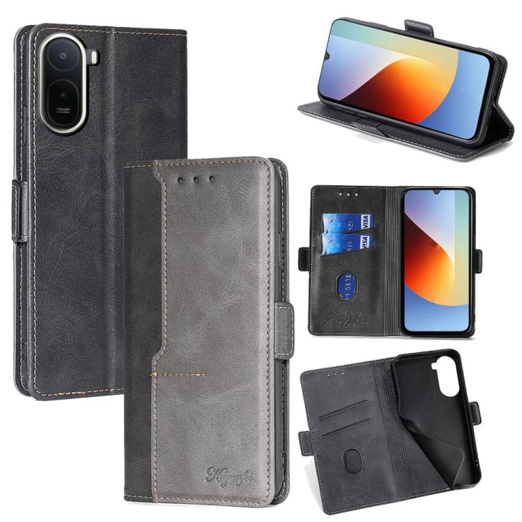 

For Redmi A7 Pro 171mm / Poco C85x 5G Contrast Color Side Buckle Leather Phone Case(Black + Grey)