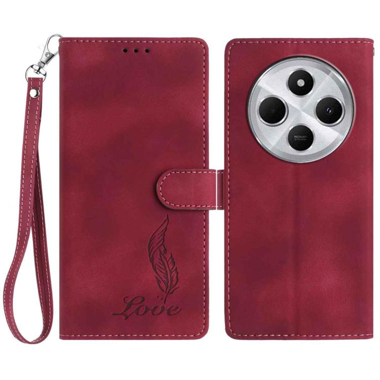 

For Redmi 14C 4G Skin Feel Embossed Feather Leather Phone Case(Red)