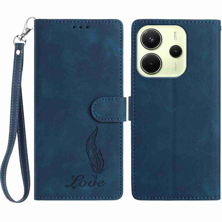 

For Redmi Note 14 4G 164.84mm Skin Feel Embossed Feather Leather Phone Case(Dark Blue)