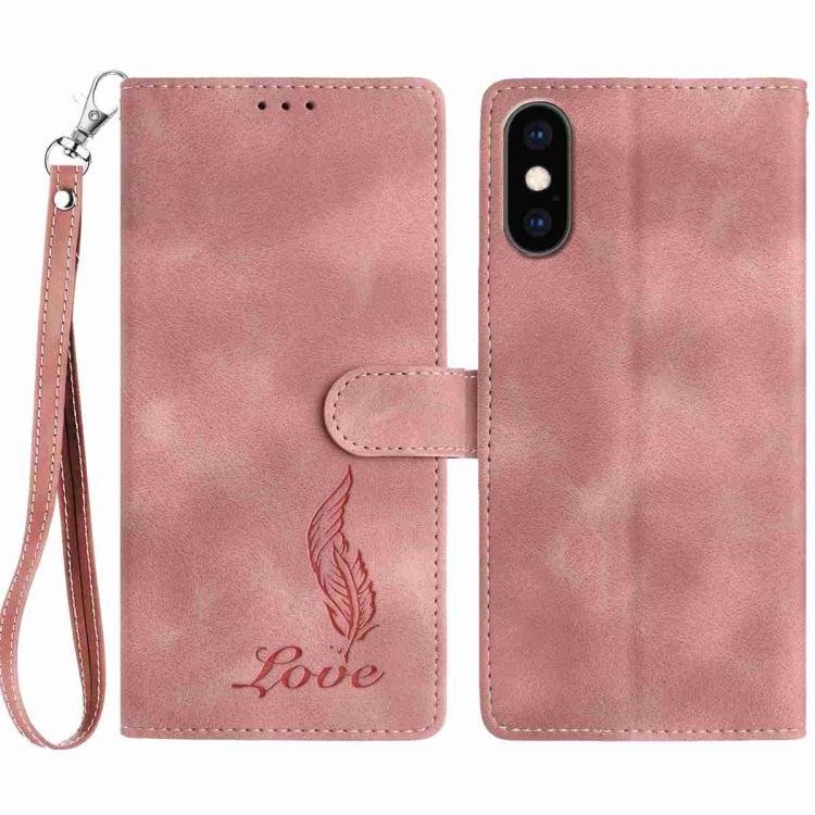 

For iPhone XS Max Skin Feel Embossed Feather Leather Phone Case(Pink)