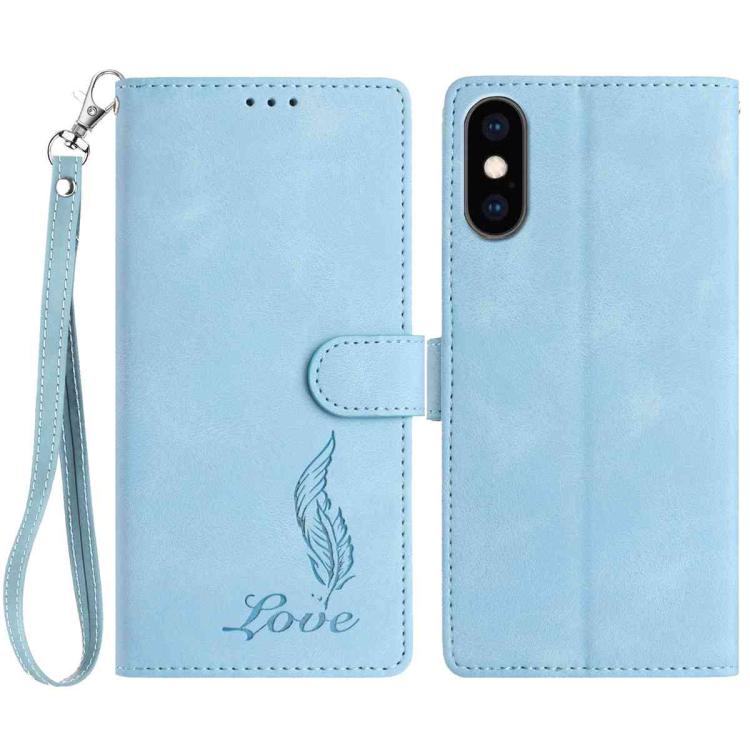 

For iPhone XS Max Skin Feel Embossed Feather Leather Phone Case(Light Blue)