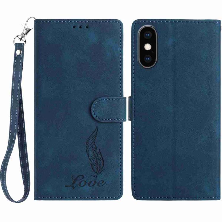 

For iPhone XS Max Skin Feel Embossed Feather Leather Phone Case(Dark Blue)