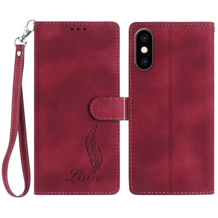

For iPhone XS Max Skin Feel Embossed Feather Leather Phone Case(Red)