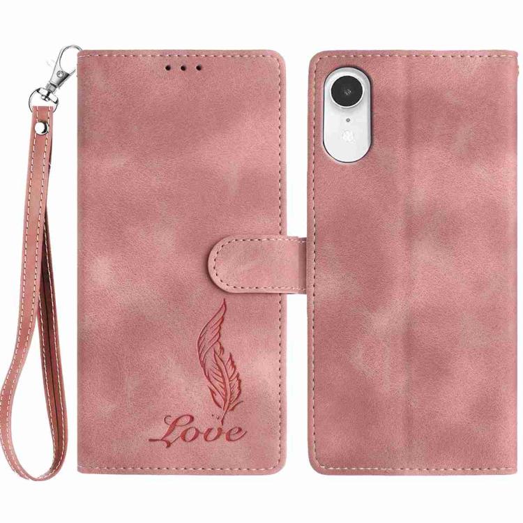 

For iPhone XR Skin Feel Embossed Feather Leather Phone Case(Pink)