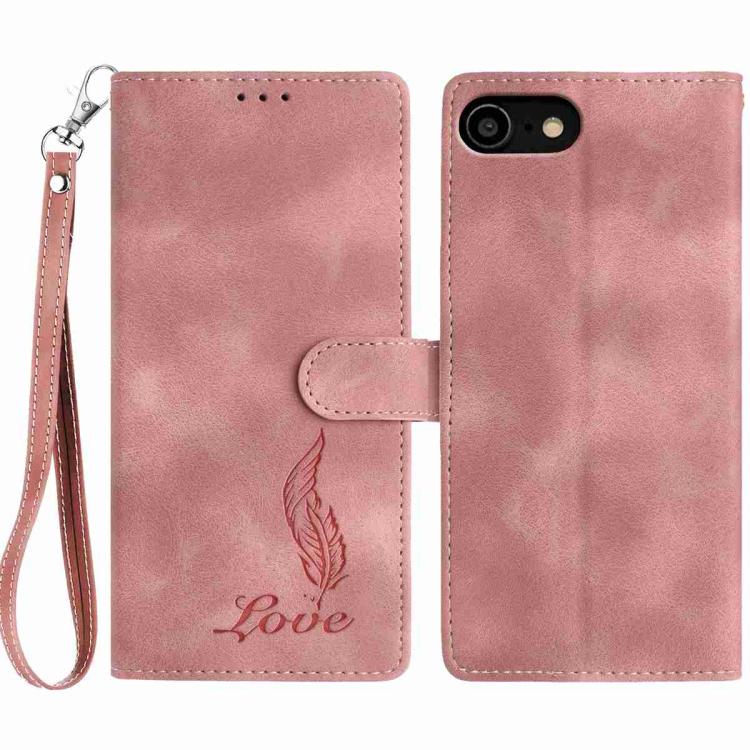 

For iPhone SE 2022 / SE 2020 / 8 / 7 Skin Feel Embossed Feather Leather Phone Case(Pink)