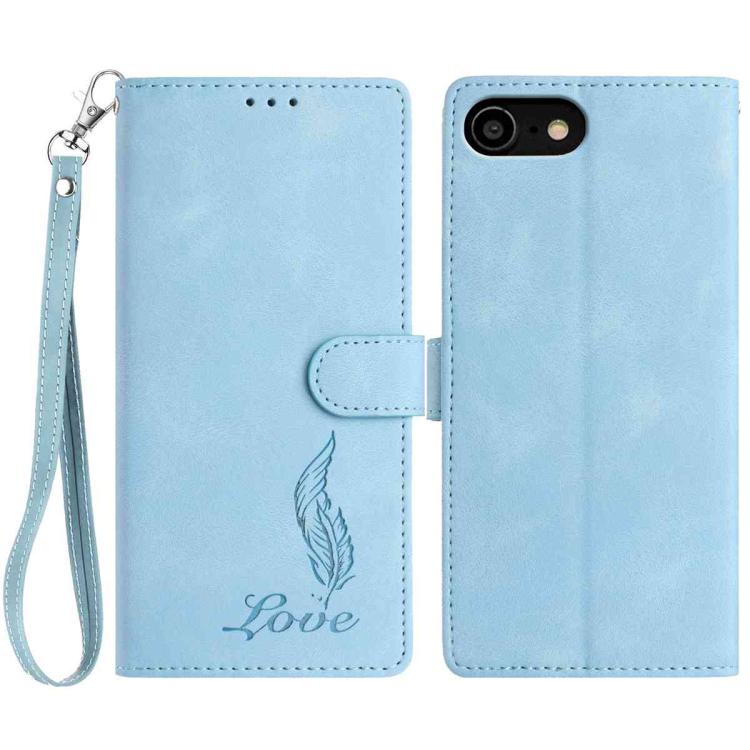 

For iPhone SE 2022 / SE 2020 / 8 / 7 Skin Feel Embossed Feather Leather Phone Case(Light Blue)