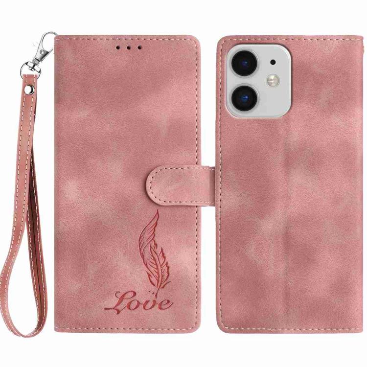 

For iPhone 11 Skin Feel Embossed Feather Leather Phone Case(Pink)