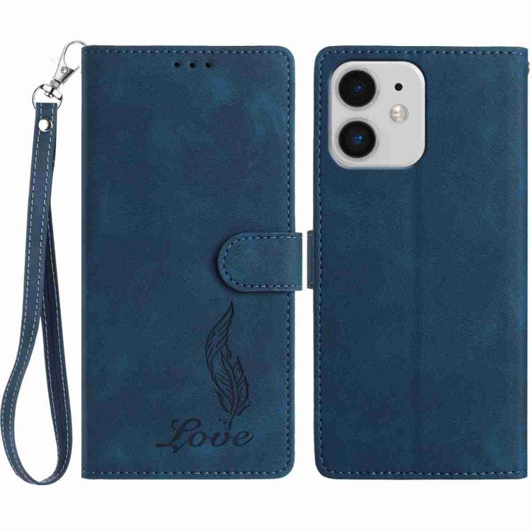 

For iPhone 11 Skin Feel Embossed Feather Leather Phone Case(Dark Blue)