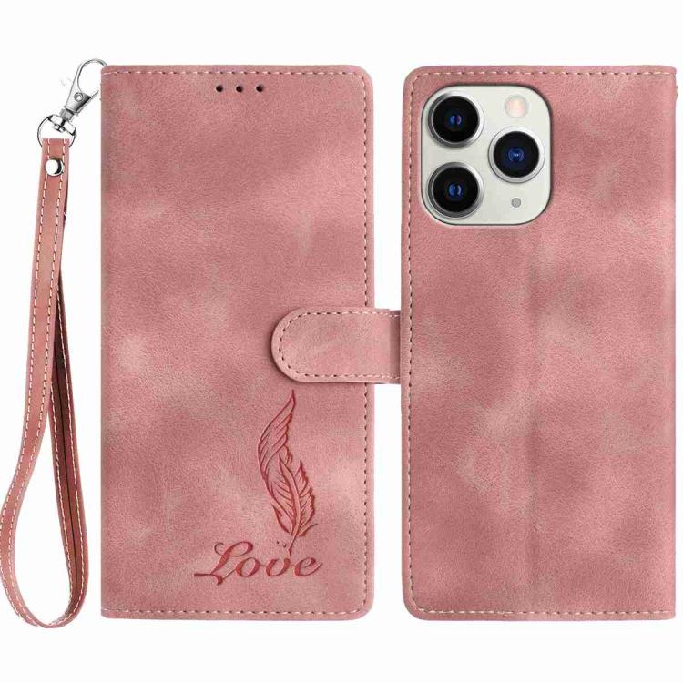 

For iPhone 11 Pro Skin Feel Embossed Feather Leather Phone Case(Pink)
