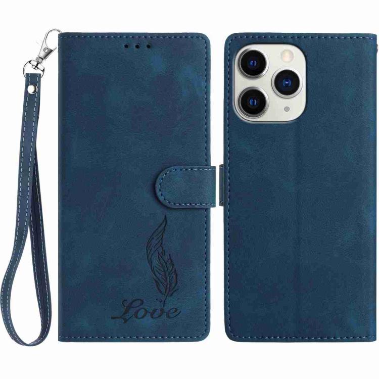 

For iPhone 11 Pro Skin Feel Embossed Feather Leather Phone Case(Dark Blue)
