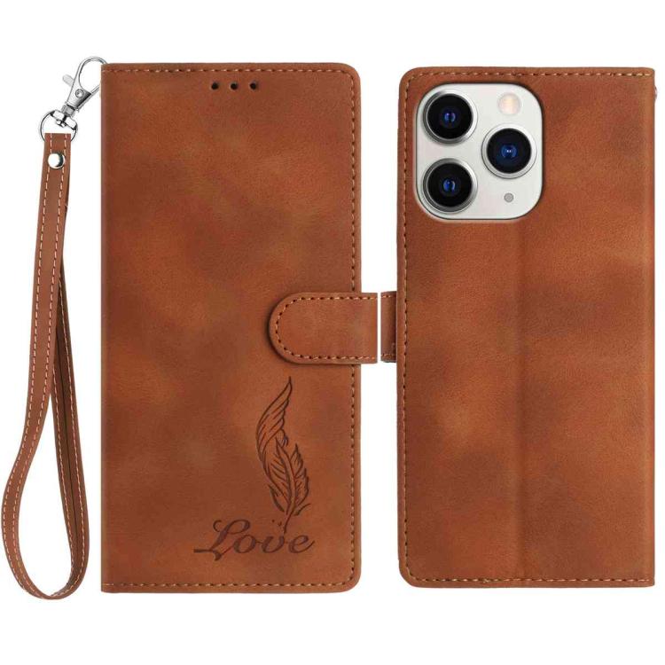 

For iPhone 11 Pro Skin Feel Embossed Feather Leather Phone Case(Brown)