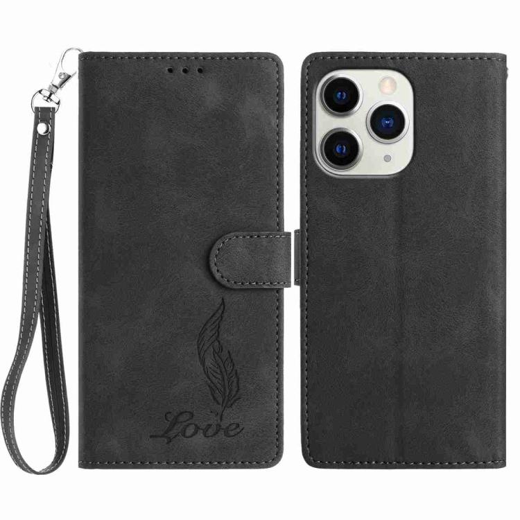 

For iPhone 11 Pro Max Skin Feel Embossed Feather Leather Phone Case(Black)