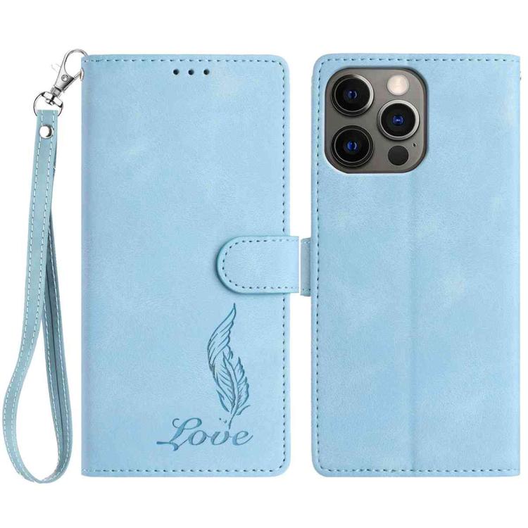 

For iPhone 12 / 12 Pro Skin Feel Embossed Feather Leather Phone Case(Light Blue)