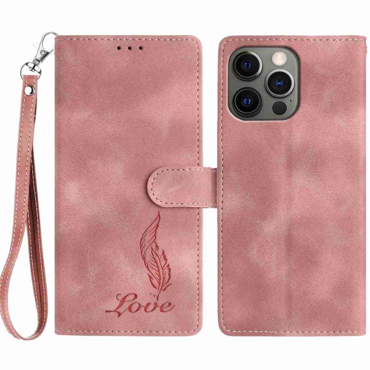 

For iPhone 12 Pro Max Skin Feel Embossed Feather Leather Phone Case(Pink)