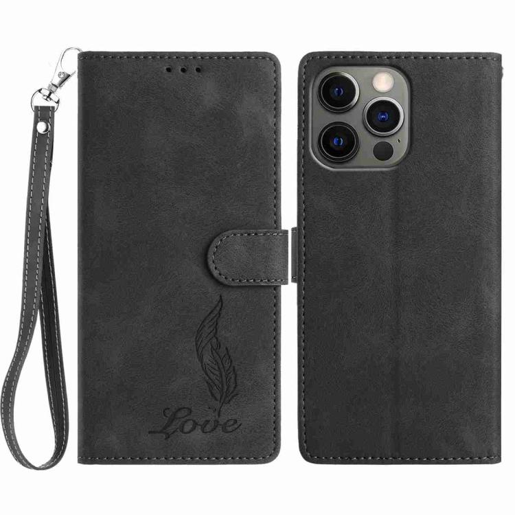 

For iPhone 12 Pro Max Skin Feel Embossed Feather Leather Phone Case(Black)