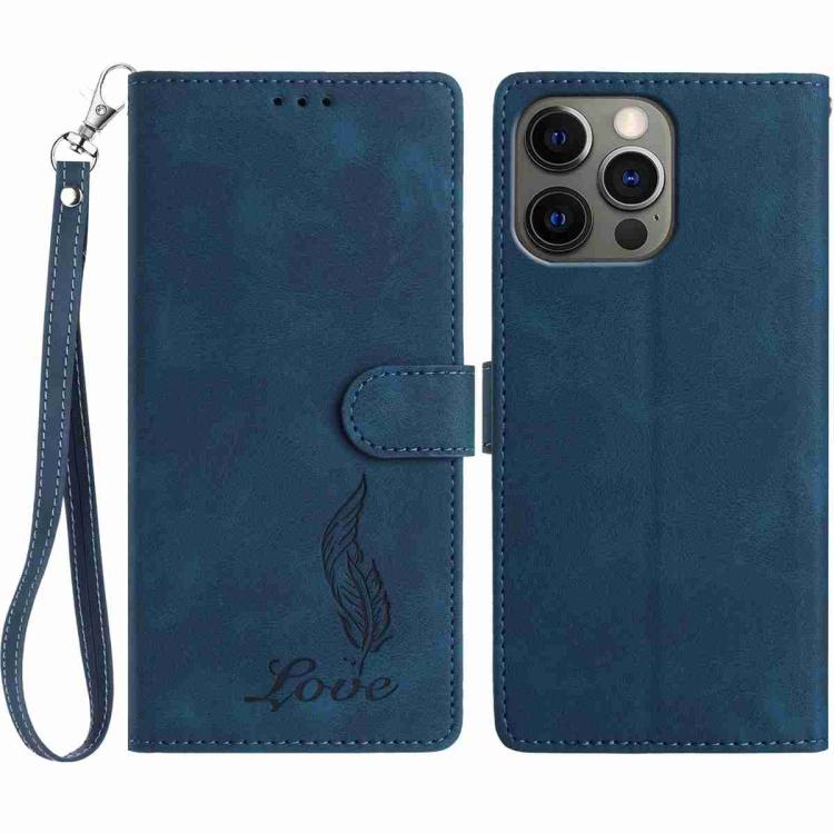 

For iPhone 12 Pro Max Skin Feel Embossed Feather Leather Phone Case(Dark Blue)