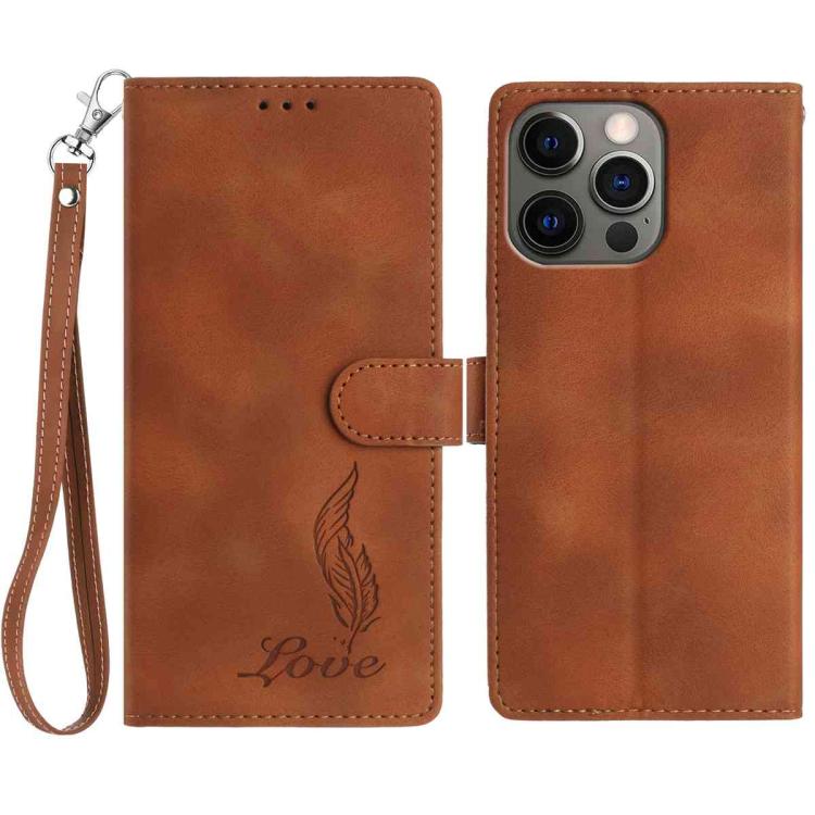 

For iPhone 12 Pro Max Skin Feel Embossed Feather Leather Phone Case(Brown)