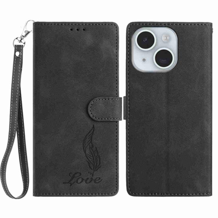

For iPhone 13 Skin Feel Embossed Feather Leather Phone Case(Black)