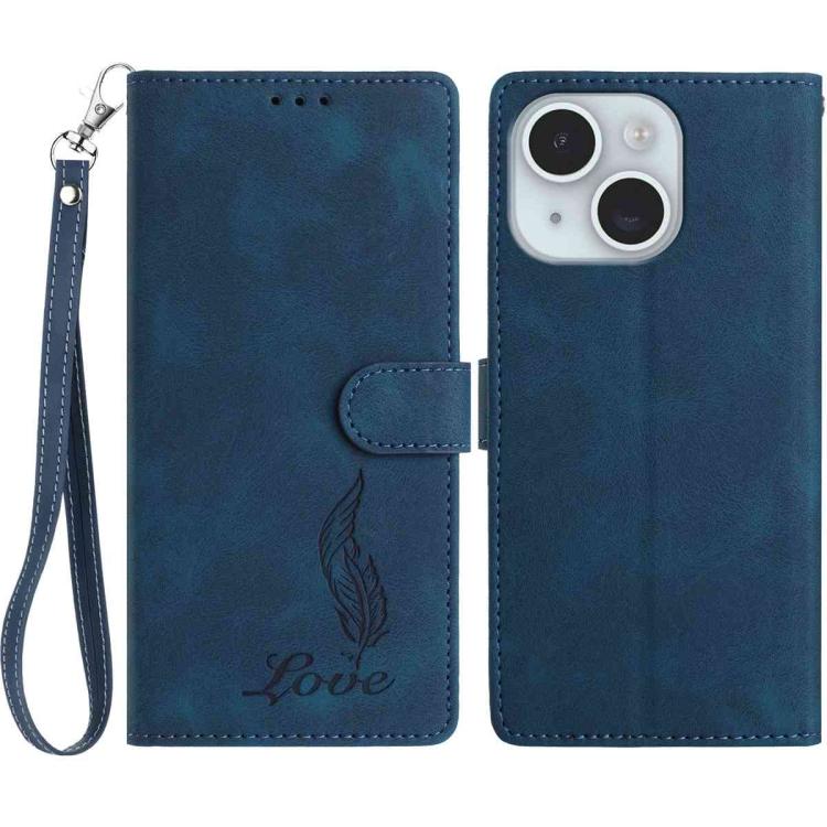 

For iPhone 13 Skin Feel Embossed Feather Leather Phone Case(Dark Blue)
