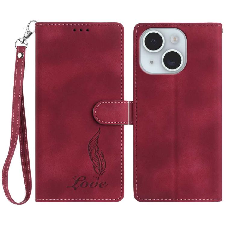 

For iPhone 13 Skin Feel Embossed Feather Leather Phone Case(Red)