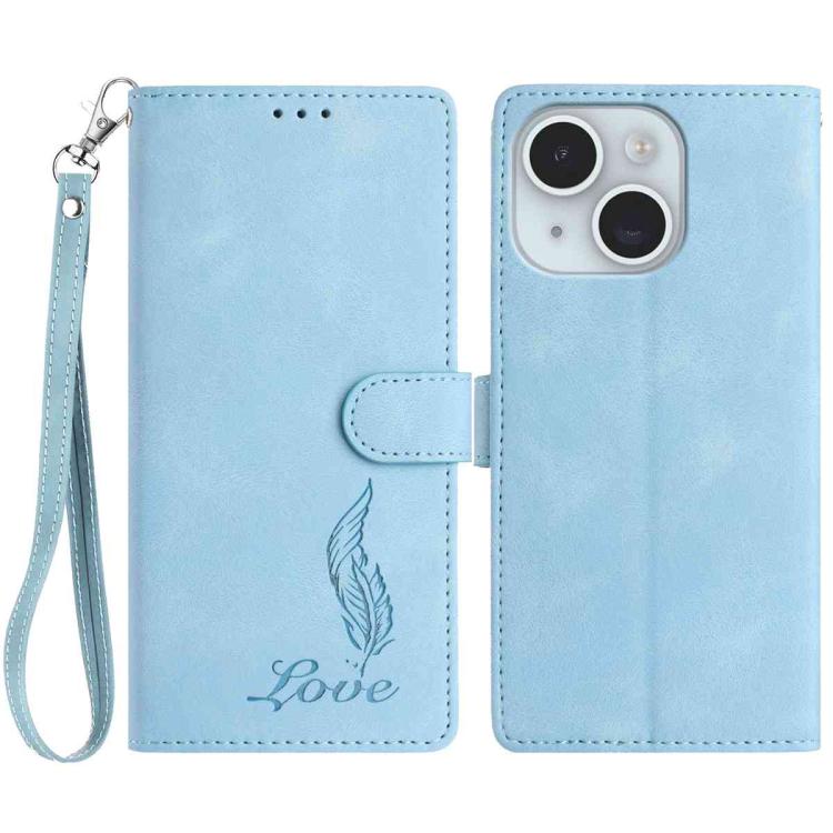 

For iPhone 14 Plus Skin Feel Embossed Feather Leather Phone Case(Light Blue)