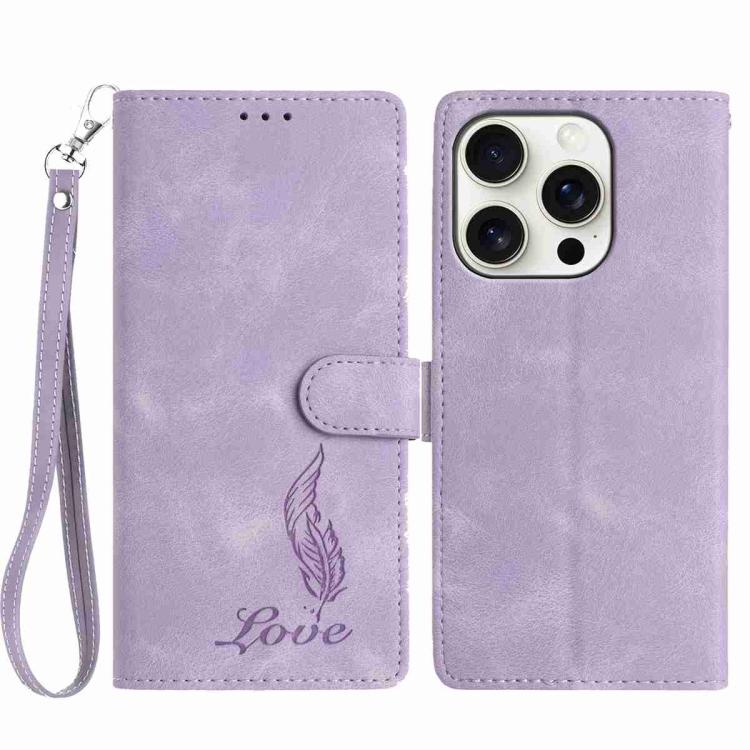 

For iPhone 14 Pro Max Skin Feel Embossed Feather Leather Phone Case(Purple)