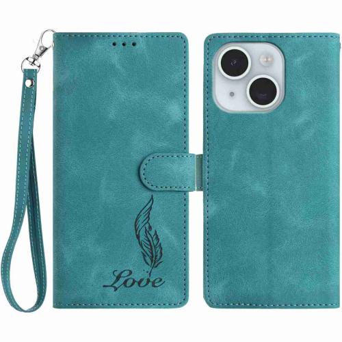

For iPhone 15 Skin Feel Embossed Feather Leather Phone Case(Green)