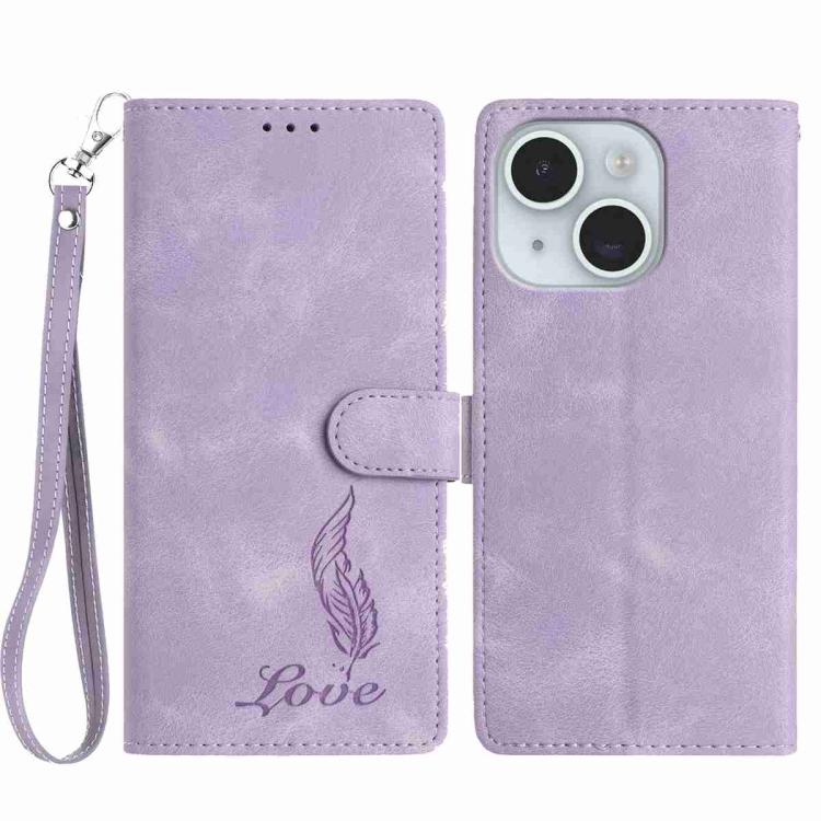 

For iPhone 15 Skin Feel Embossed Feather Leather Phone Case(Purple)