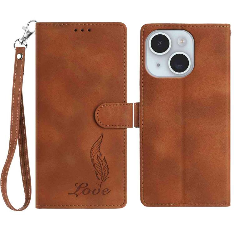 

For iPhone 15 Skin Feel Embossed Feather Leather Phone Case(Brown)