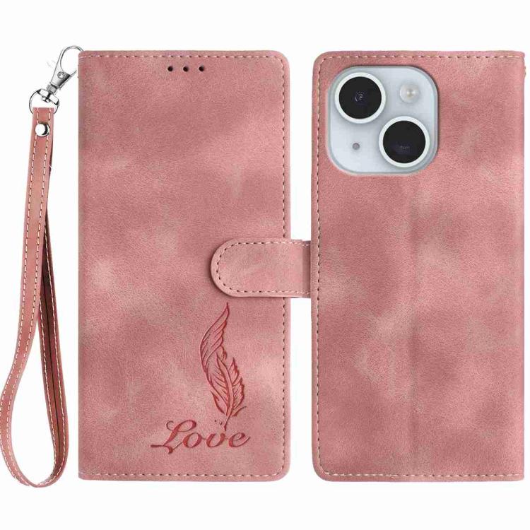 

For iPhone 15 Plus Skin Feel Embossed Feather Leather Phone Case(Pink)
