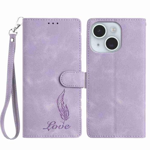 

For iPhone 15 Plus Skin Feel Embossed Feather Leather Phone Case(Purple)