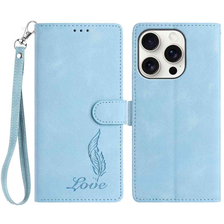 

For iPhone 15 Pro Max Skin Feel Embossed Feather Leather Phone Case(Light Blue)