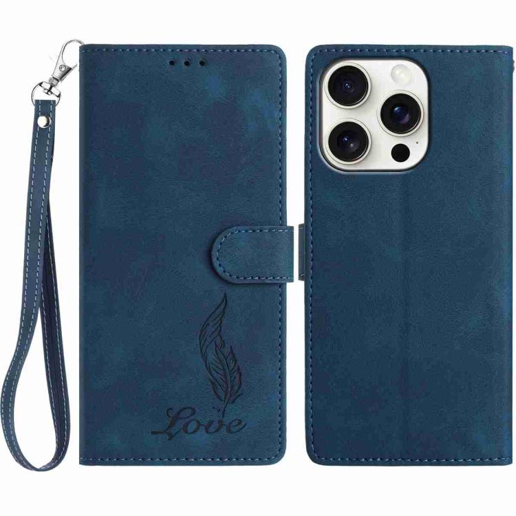 

For iPhone 15 Pro Max Skin Feel Embossed Feather Leather Phone Case(Dark Blue)