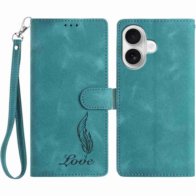 

For iPhone 16 Skin Feel Embossed Feather Leather Phone Case(Green)